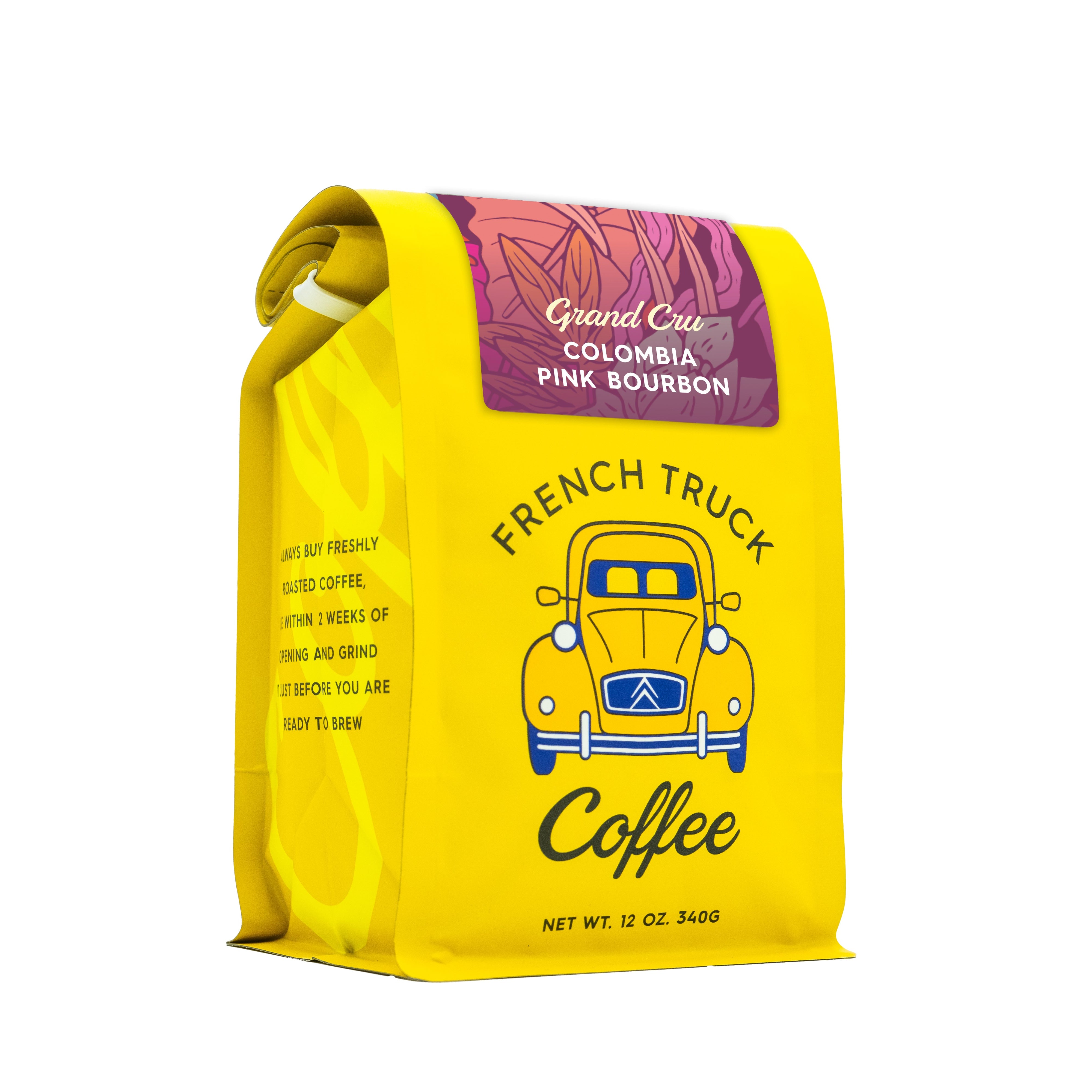 Yellow coffee bag with French Truck Coffee Pink Bourbon Grand Cru Coffee beans